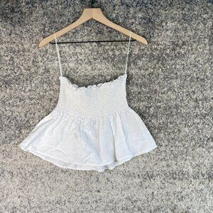 Reformation Top Womens Small White 100% Linen Smocked Peplum Ruffle Cami Summer
